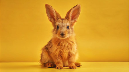 A cute brown rabbit with long ears sits on a yellow background and looks at the camera.の素材