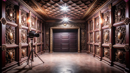Ornate, wooden hallway with a camera on a tripod.の素材