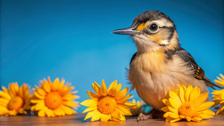 A small brown and yellow bird with a blue background and yellow flowers.の素材