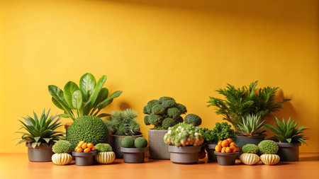A row of potted plants against a bright yellow wall.の素材