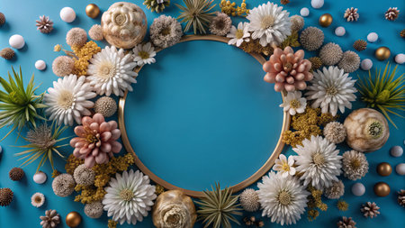 Circular golden frame with floral decoration on a blue background.の素材