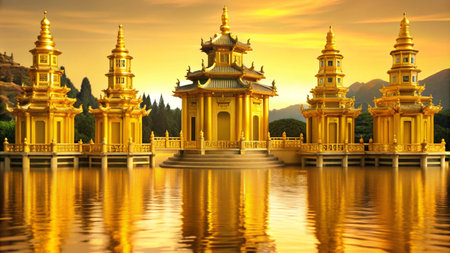 Golden temples on a still lake at sunset, reflected in the water.の素材
