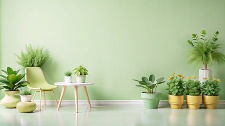 A minimalist living room with green walls and a variety of plants.の素材