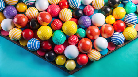 Colorful balls arranged in a triangular shape on a blue background.の素材