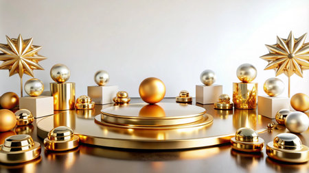 A gold and white podium with a white background, surrounded by spheres and geometric shapes.の素材