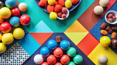 Colorful geometric background with balls, berries, and candy.の素材