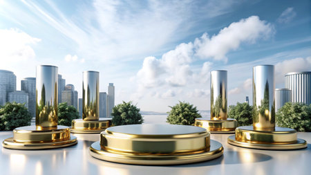Golden podiums on a reflective surface with a city skyline in the background.の素材