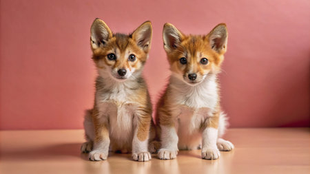 Two adorable fox pups sitting side-by-side, looking directly at the camera with their big brown eyes and fluffy fur.の素材