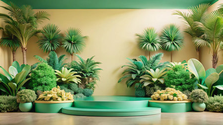 Green and yellow tropical podium with palm trees and plants.の素材