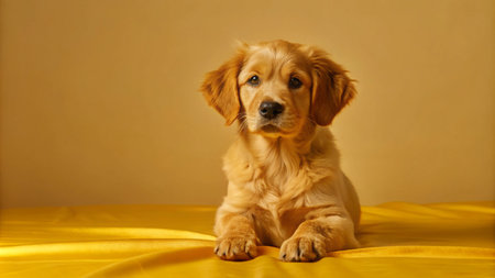 A cute golden retriever puppy laying on a yellow blanket.の素材