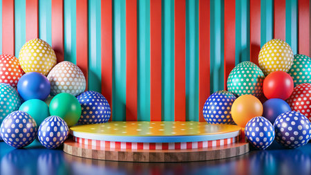 Colorful balloon backdrop with a wooden podium for product display.の素材