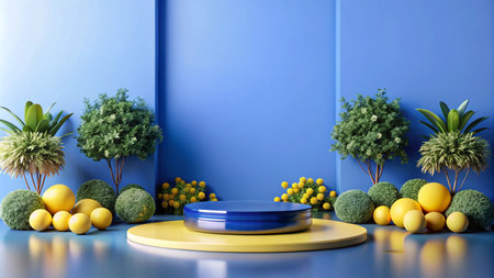 Blue and yellow podium with plants and orbs on a blue background.の素材