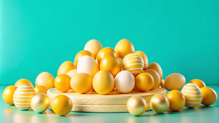 A pile of yellow Easter eggs on a round platform against a turquoise background.の素材