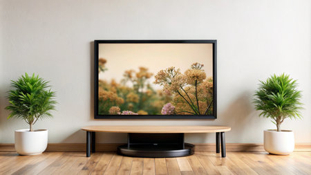 A framed photograph of flowers hangs above a TV stand in a modern living room.の素材