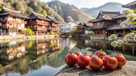 Red tomatoes sit on a stone wall with a Chinese village and river reflecting in the water behind them.の素材