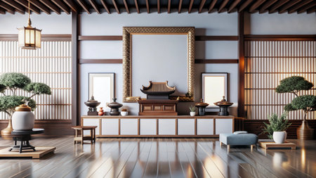 Minimalist Japanese Zen room interior with wooden floor, traditional decorations and empty frames.の素材