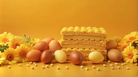 Easter cake with yellow flowers, eggs, and sprinkles on a yellow background.の素材