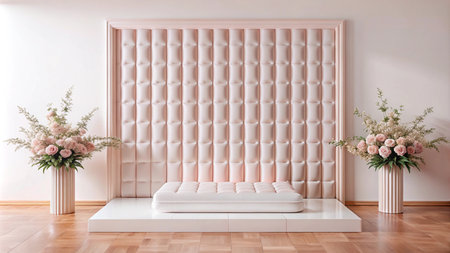 Minimalist pink podium with floral arrangements and white walls.の素材
