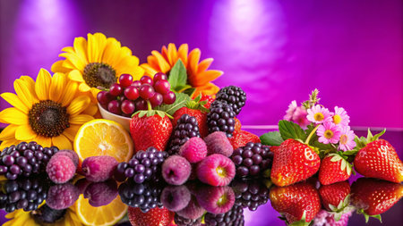 A vibrant assortment of fresh fruits, including strawberries, blackberries, raspberries, grapes, and a lemon, arranged with sunflowers and flowers on a reflective surface.の素材