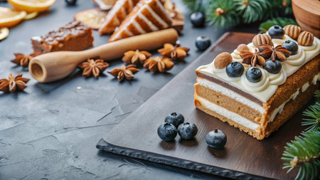 A slice of layered cake with white frosting and blueberries, decorated with star anise and nuts, on a wooden board with other cake ingredients.の素材