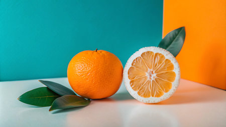 A whole orange and half of a lemon on a white surface with green leaves.  The background is a split turquoise and orange.の素材