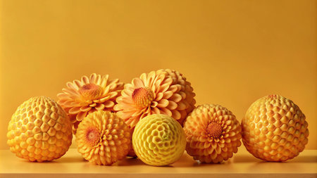Group of yellow, sphere-shaped flowers on yellow background.の素材