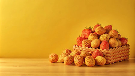 A wicker basket overflowing with red and yellow strawberries sits on a wooden table with a bright yellow background.の素材