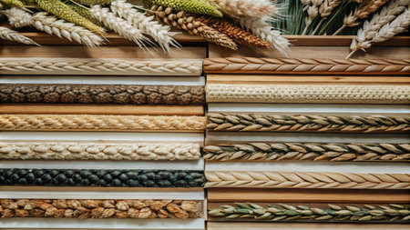 Various samples of wheat grain and baked bread on display.の素材