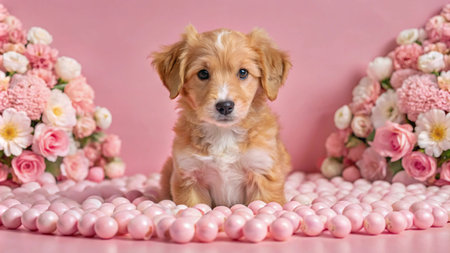 Adorable golden puppy sitting amidst pink flowers and balls on a pink background.の素材