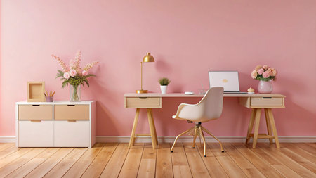 Modern home office interior with pink wall, wooden desk, white chair, and laptop.の素材