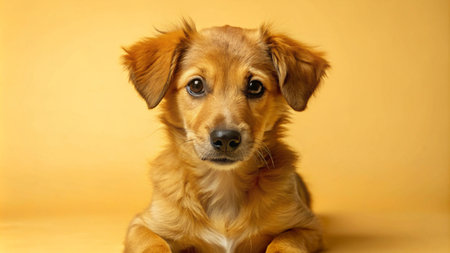 A cute, brown and white puppy with big, brown eyes looking directly at the camera.の素材