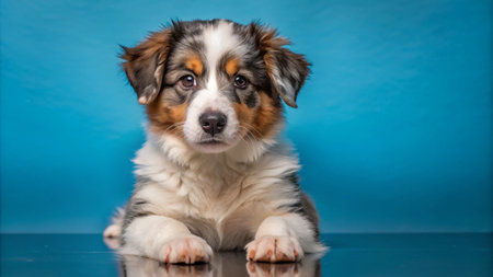 A cute Australian Shepherd puppy lying on a blue background, looking at the camera with its paws extended.の素材