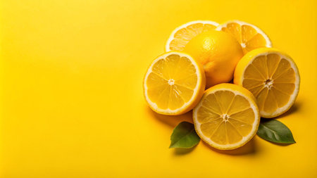 Freshly cut lemons with leaves on a vibrant yellow background.の素材