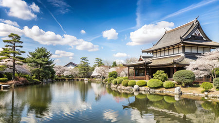 Traditional Japanese architecture with a pond and cherry blossoms in bloom under a blue sky.の素材