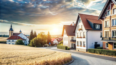 A quaint village nestled in a valley with a golden sunset.  The road winds through the town with houses and a church steeple in the distance.  The landscape is dotted with fields of wheat.の素材