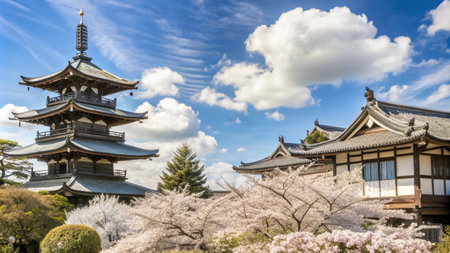 Traditional Japanese pagoda with blooming cherry trees against a blue sky.の素材