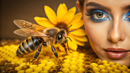 Close-up of a bee and a woman&#39;s face with a yellow flower, both on a honeycomb background.の素材