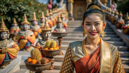 A young woman in traditional Laotian clothing stands smiling in front of a temple, with statues of mythical figures in the background.の素材