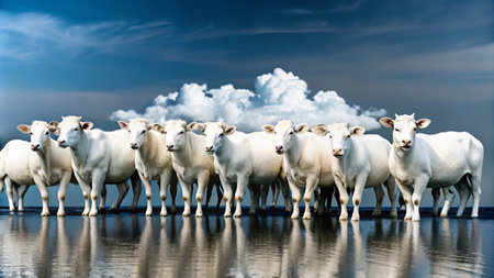 A herd of white cows stand in a shallow body of water, with a dramatic blue sky and fluffy white clouds above.の素材