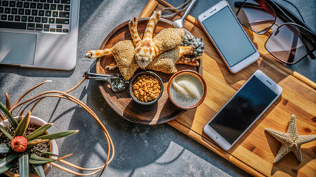 Top view of a tray with coffee, seashells, and two phones, next to a laptop and sunglasses.の素材