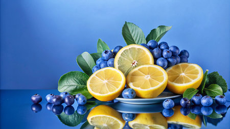 Fresh lemons and blueberries on a blue background, with reflections, creating a colorful and vibrant still life.の素材