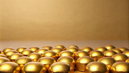 Golden spheres arranged on a white surface against a gradient background.の素材