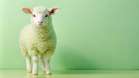 A fluffy white lamb stands on a green surface, looking directly at the camera.の素材