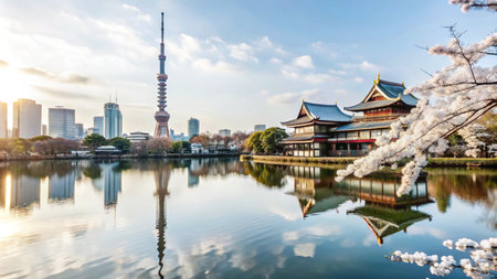 A serene lake with a traditional Japanese temple and a modern skyscraper in the background.の素材
