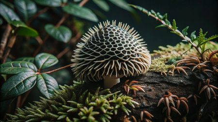 A single, unique, spiky mushroom with a honeycomb pattern on its cap, growing on a log in a lush green forest.の素材