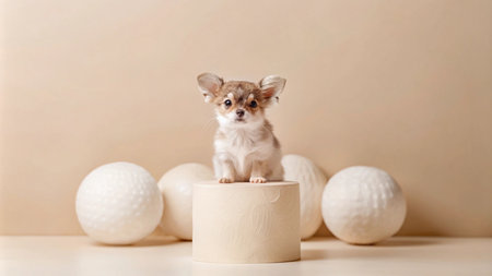 A small brown and white chihuahua puppy sits on a white pedestal with large white balls in the background.の素材