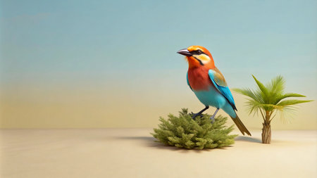 A colorful bird perches on a bush with a palm tree in the background, against a gradient background.の素材