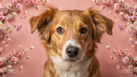 A brown and white dog with blue eyes looks directly at the camera with pink flowers surrounding it.の素材