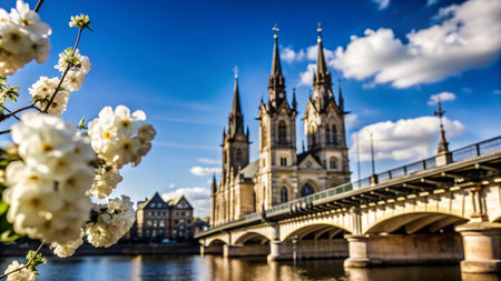 A gothic church with two spires stands on a bridge over a river, with white blossoms in the foreground.の素材