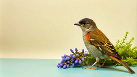 A small bird with a red chest perches on a light blue surface with blue flowers and green foliage.の素材
